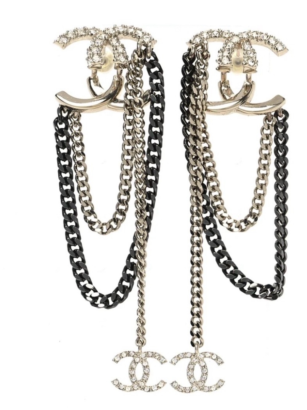 Double C Crystal Drop Chain in Black and Gold Crystal Embellished Logo Earrings